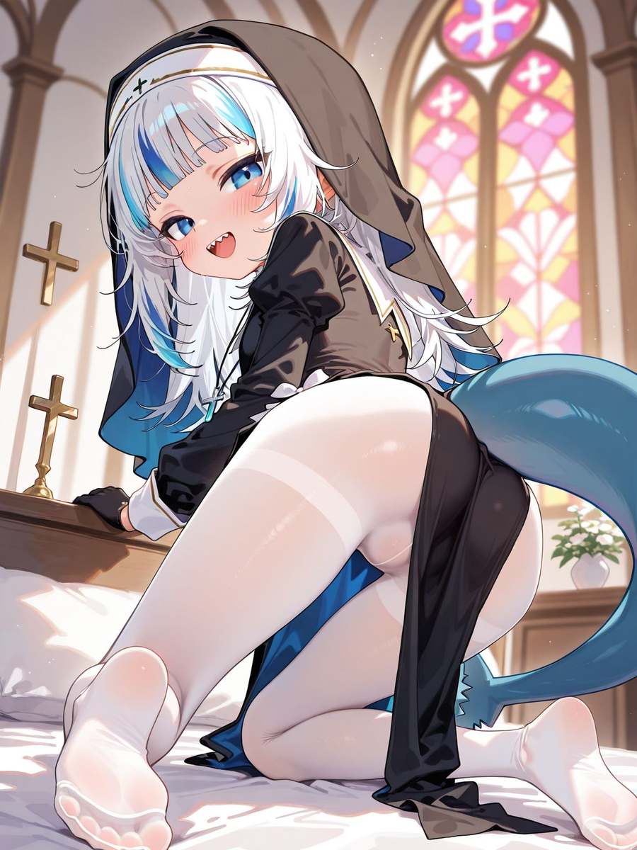 ai generated, blue hair, cute, feet, female, gawr gura, hololive, hololive english, hololive myth, nun, socks, solo, solo female, tagme, virtual youtuber, vtuber