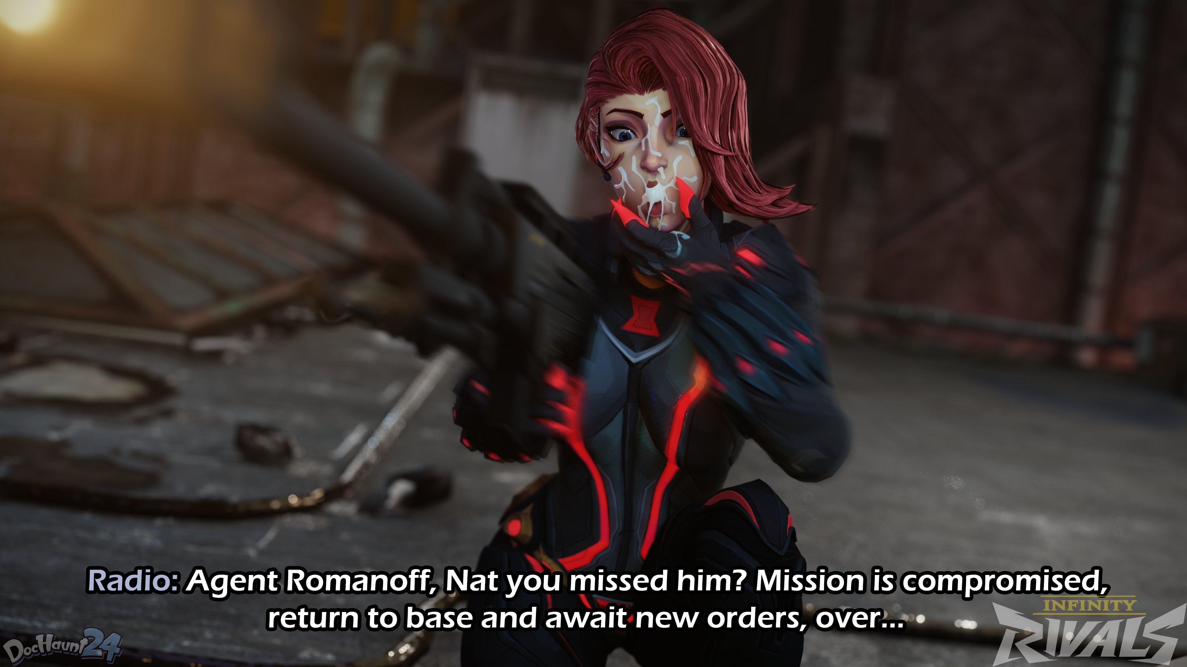 1girls, 3d, black widow (marvel rivals), black widow (marvel), clothed, clothed female, clothing, cum, cum in mouth, dialogue, dochaunt24, female, female only, marvel, marvel comics, marvel rivals, red hair, sniper rifle, text, time stop