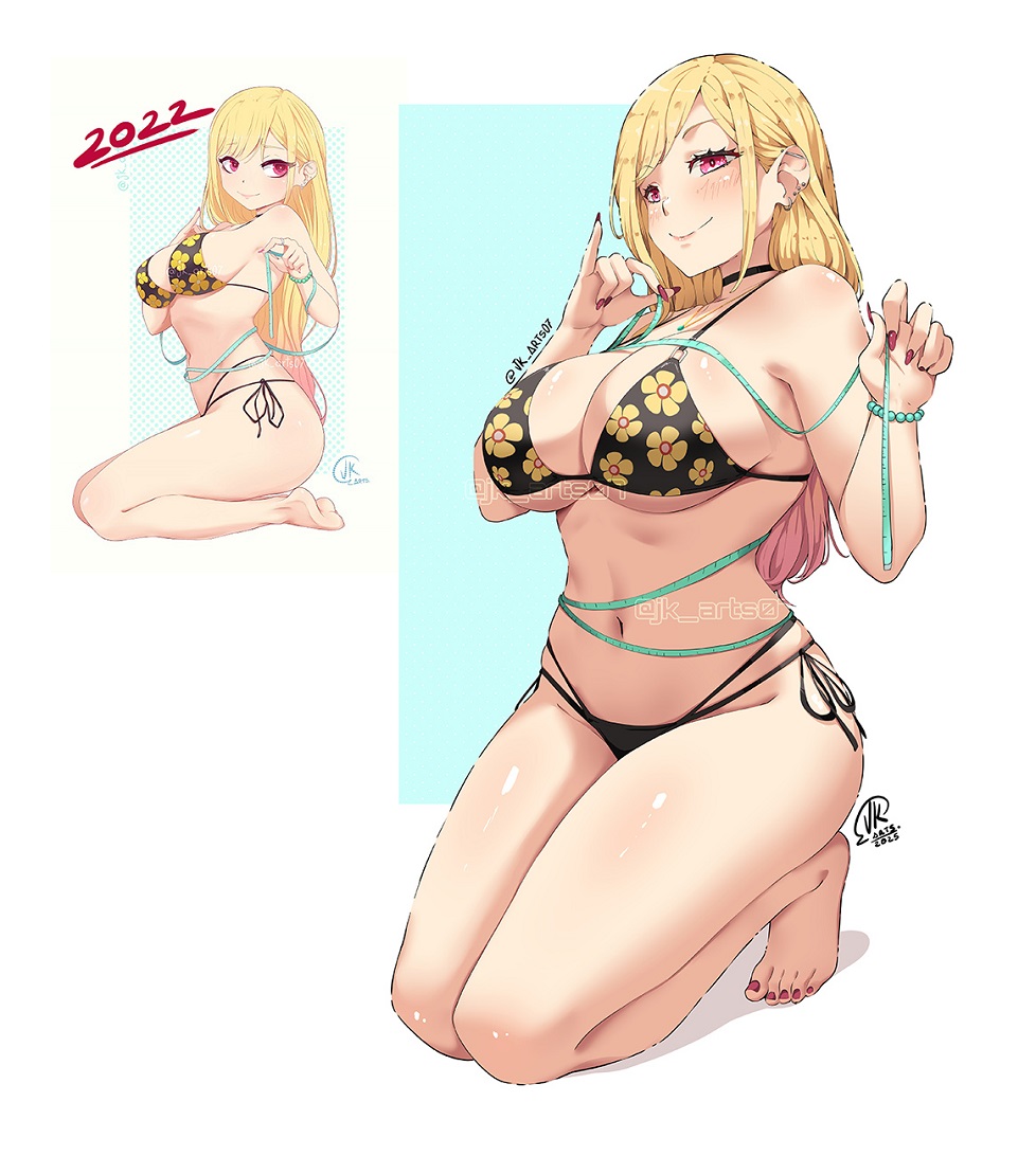 1girls, barefoot, bikini, breasts, female, female focus, female only, full body, gyaru, jk arts07, kitagawa marin, kneeling, large breasts, light skin, light-skinned female, looking at viewer, measuring tape, solo, solo female, sono bisque doll wa koi wo suru, swimsuit, thick thighs, thighs, wide hips