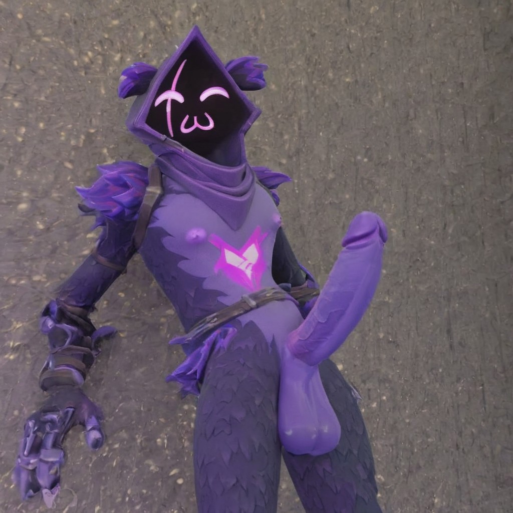 1boy :3 ai_generated animal_humanoid anthro balls big_balls big_penis crossgender erect_penis erection fortnite gay genderswap genderswap_(ftm) huge_cock hung large_penis male male_only penis presenting purple_body purple_fur raven_team_leader rule_63 smiling solo standing straps