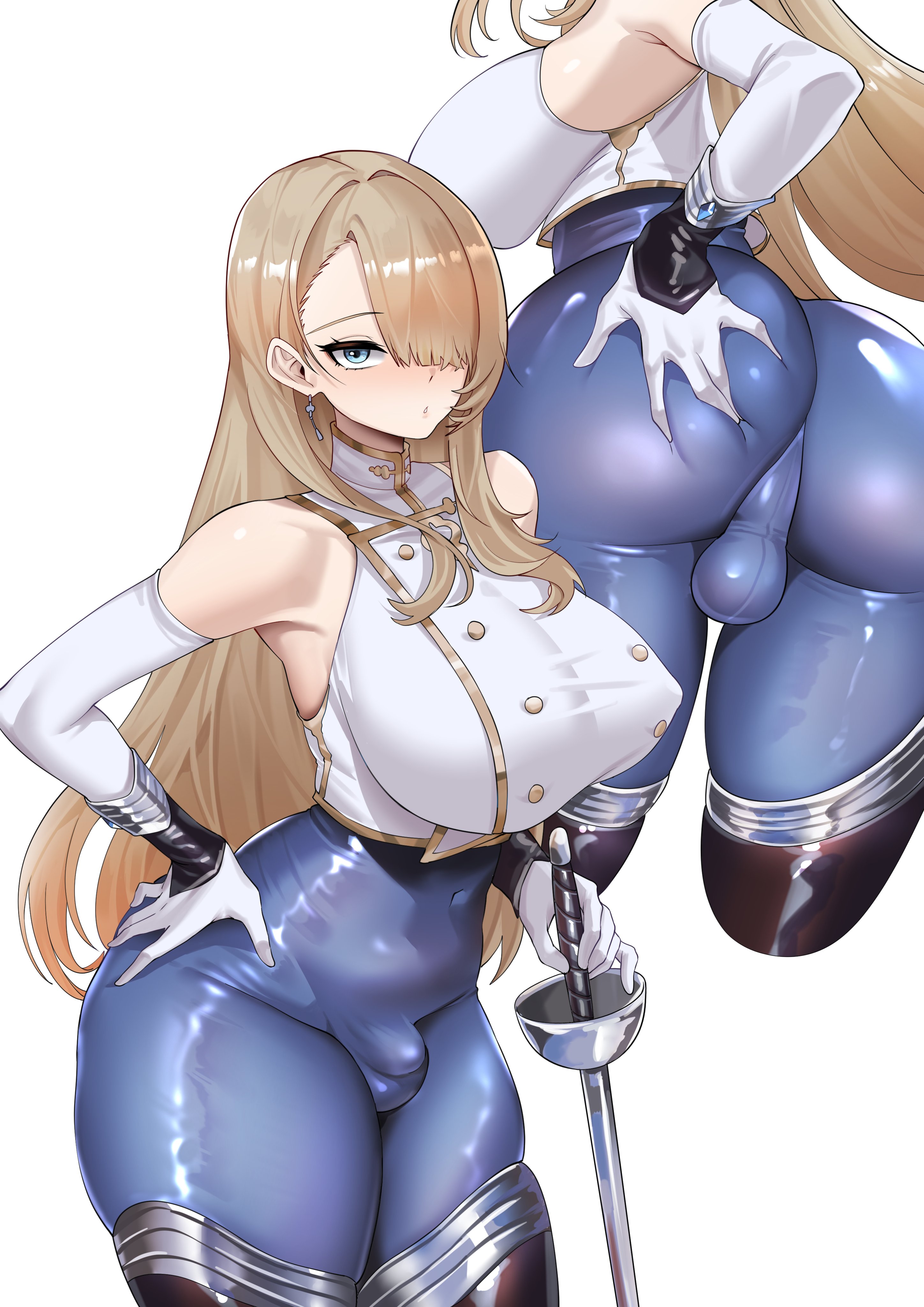1futa, big , big breasts, blonde hair, blue eyes, breasts, brown dust (series), brown dust 2, bulge, bulge through clothing, clothed, futa only, futanari, intersex, wilhelmina (brown dust), wujack
