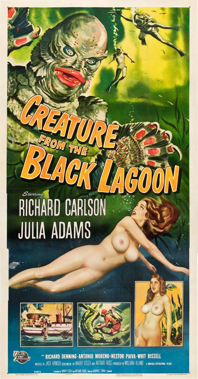 ai_assisted breasts creature_from_the_black_lagoon female fish male monster nude nude_female painting_(artwork) photoshop poster swimming underwater vagina