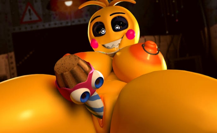 3d, 3d (artwork), bib, cupcake, cupcake (fnaf), dildo, dildo cupcake (fnaf), female, five nights at freddy's, five nights at freddy's 2, sex toy, smile at viewer, smiles, solo, toy chica (fnaf), toy chica (love taste), toying self