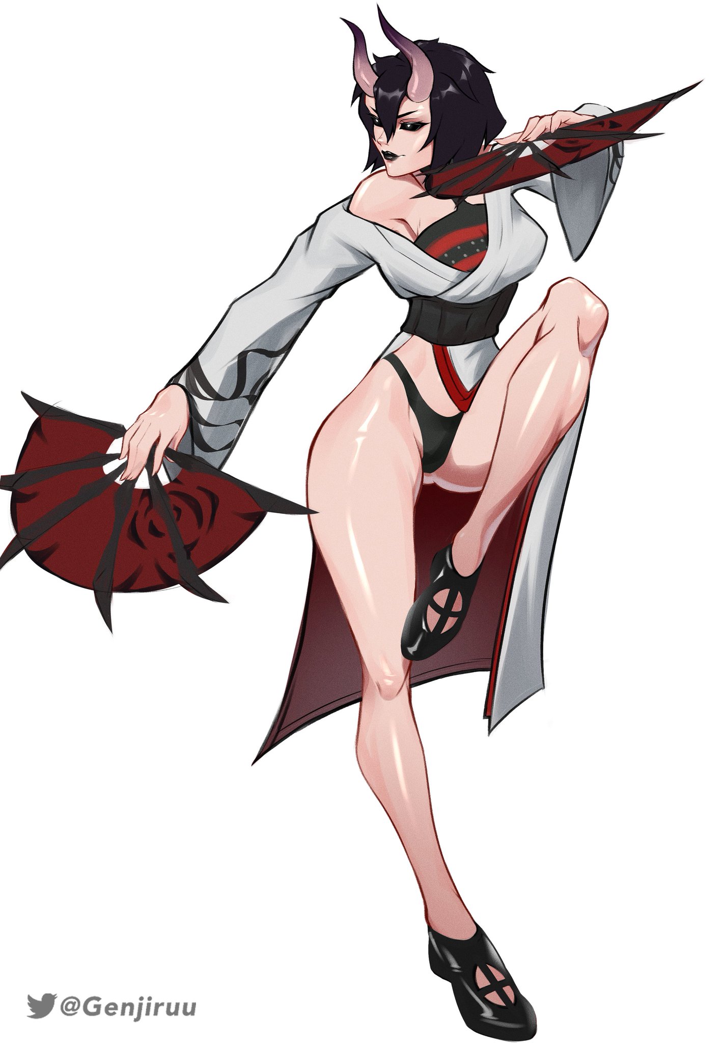1girls, 2025, athletic, athletic female, black eyes, black hair, black lipstick, black sclera, demon, demon girl, demon horns, epic games, female, fit, fit female, fortnite, fortnite: battle royale, genjiruu, horn, horns, light skin, light-skinned female, lipstick, mature female, monster girl, night rose, oni, oni female, oni horns, partially clothed, short hair, thick thighs, underwear, wide hips