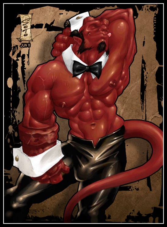 bulge detached_cuffs flaccid hellboy hellboy_(series) male_only muscular red_skin solo solo_male soto topless