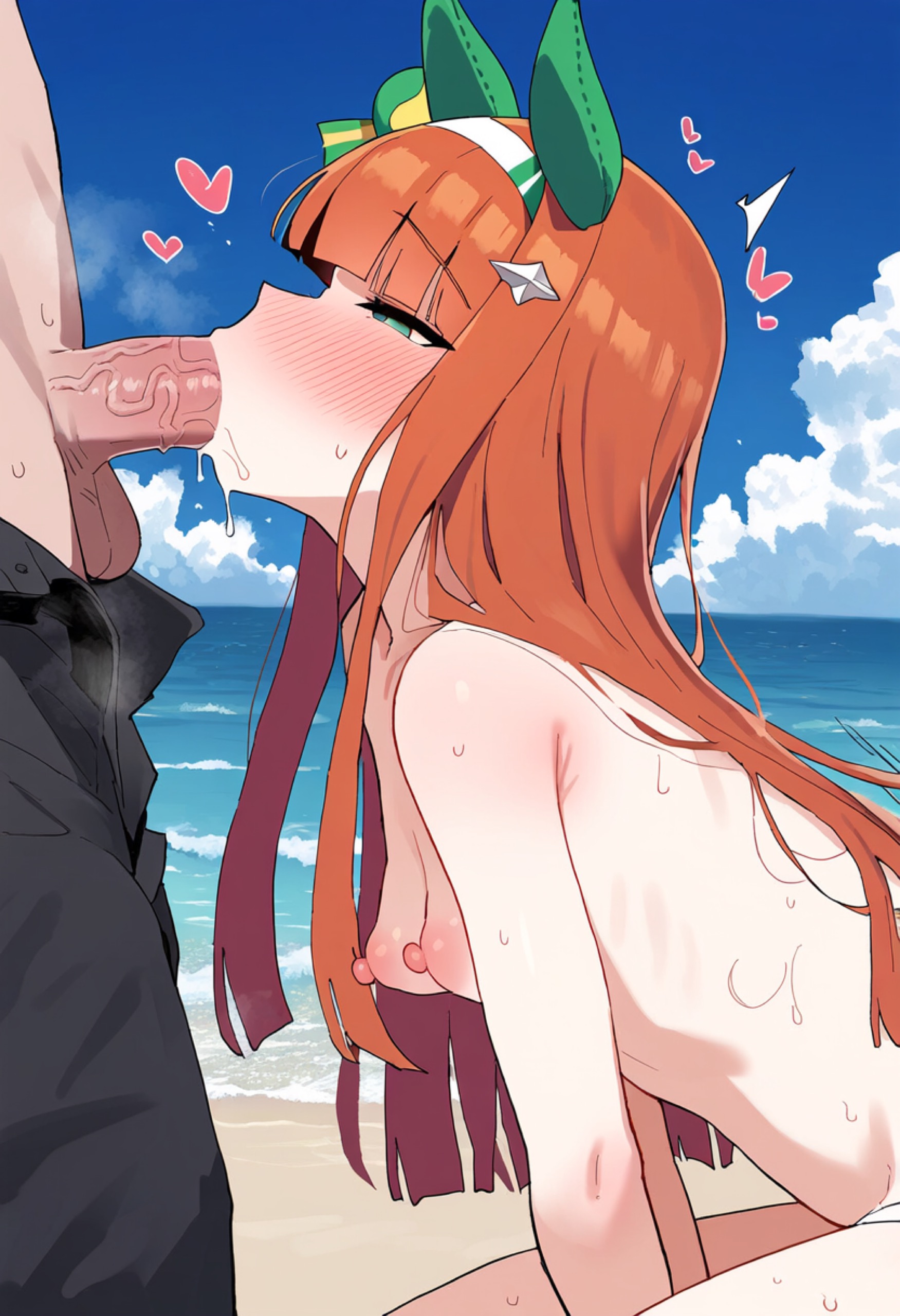 1boy, 1girls, adult and teenager, adult on young, age difference, ai generated, animal ears, beach, blowjob, blush, breasts, cute, deep blowjob, eye contact, fellatio, female, kneeling, long hair, male, nipples, nude, older on younger, oral, oral sex, outdoors, penis, petite, popoptemkin, pulling out, saliva, silence suzuka (umamusume), skinny, slim, small breasts, tagme, teenager, umamusume, umamusume pretty derby, young