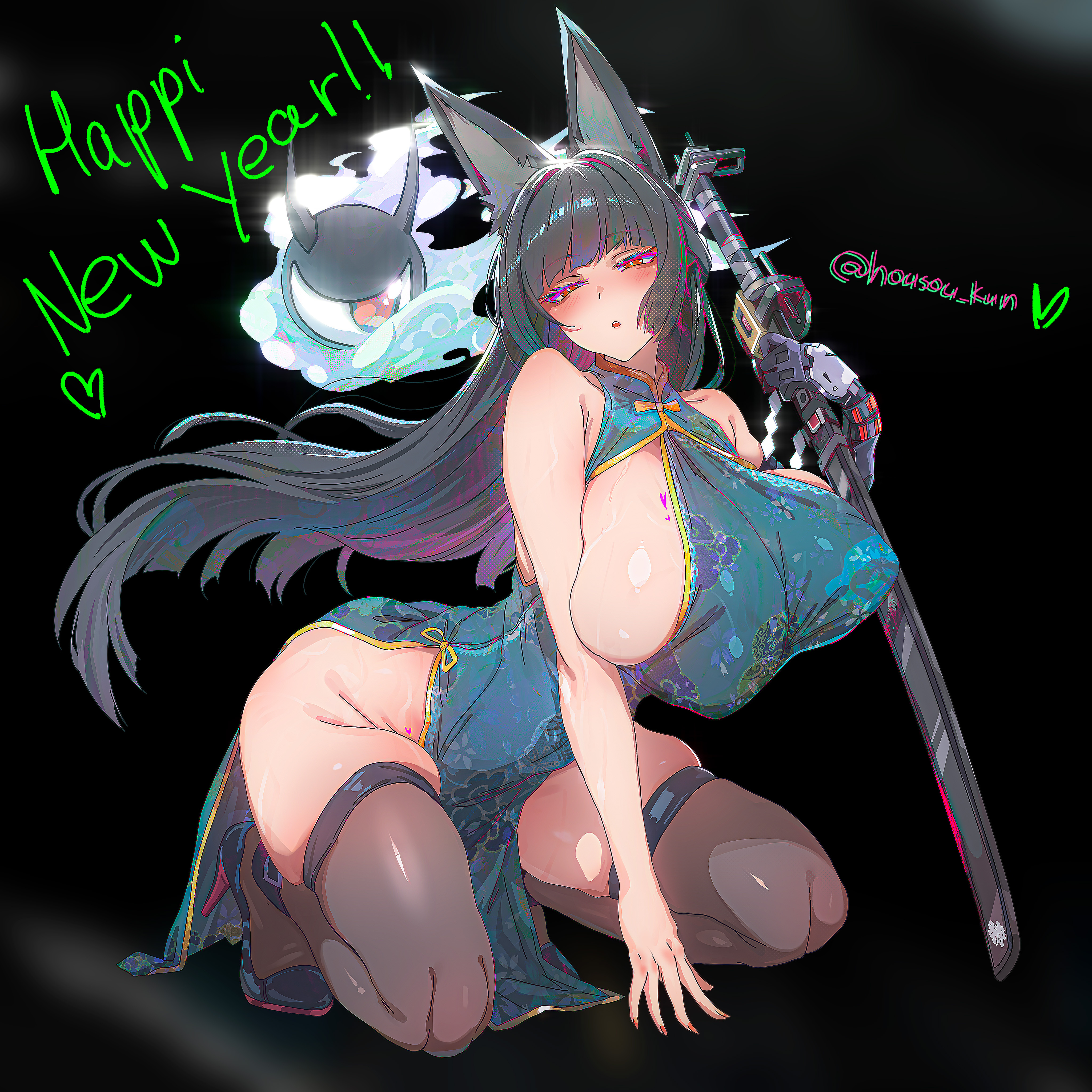 big breasts, black hair, feet, fox ears, front view, fully clothed, high heels, hoshimi miyabi, housou-chan, housou-kun, huge breasts, kneeling, looking at viewer, massive breasts, nipple bulge, nipples, red eyes, shiny skin, squatting, sword, thick, thick ass, thick thighs, thighhighs, thighs, zenless zone zero