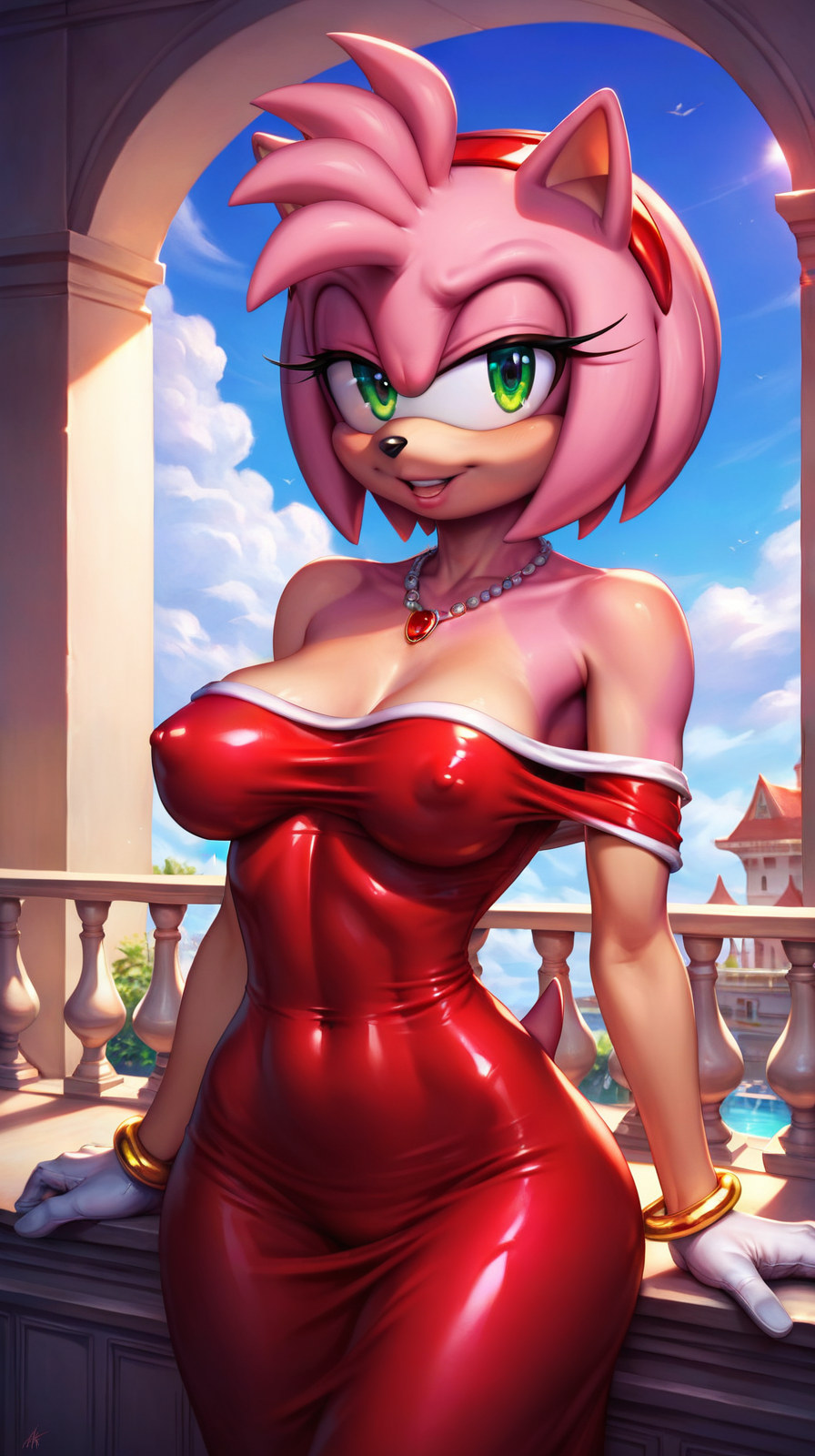 ai_generated amy_rose anthro autismmix_pony(model) bare_shoulders bracelets buildings clouds covered_nipples erect_nipples female leaning_back lidded_eyes looking_at_viewer marusame navel_visible_through_clothes necklace nipples_visible_through_clothing ocean pink_hair red_dress sky sonic_(series) sonic_the_hedgehog_(series) stable_diffusion standing tight_clothing