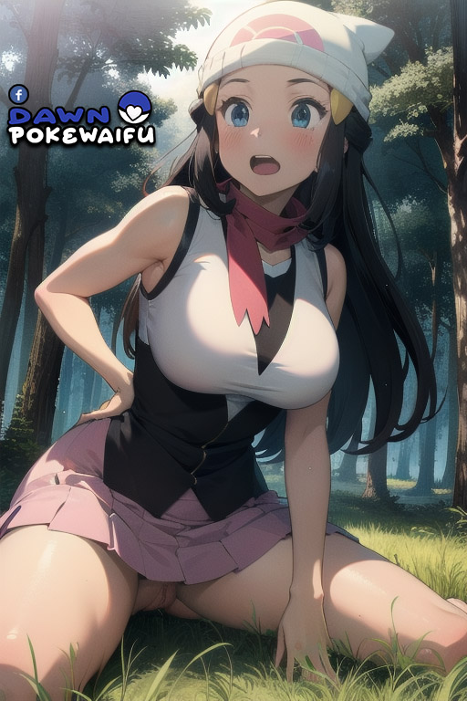 ai_generated beanie blue_eyes blue_hair blush dawn_(pokemon) female game_freak miniskirt nintendo no_panties pokemon pokemon_bdsp pokemon_dppt pussy scarf sitting thighs vagina