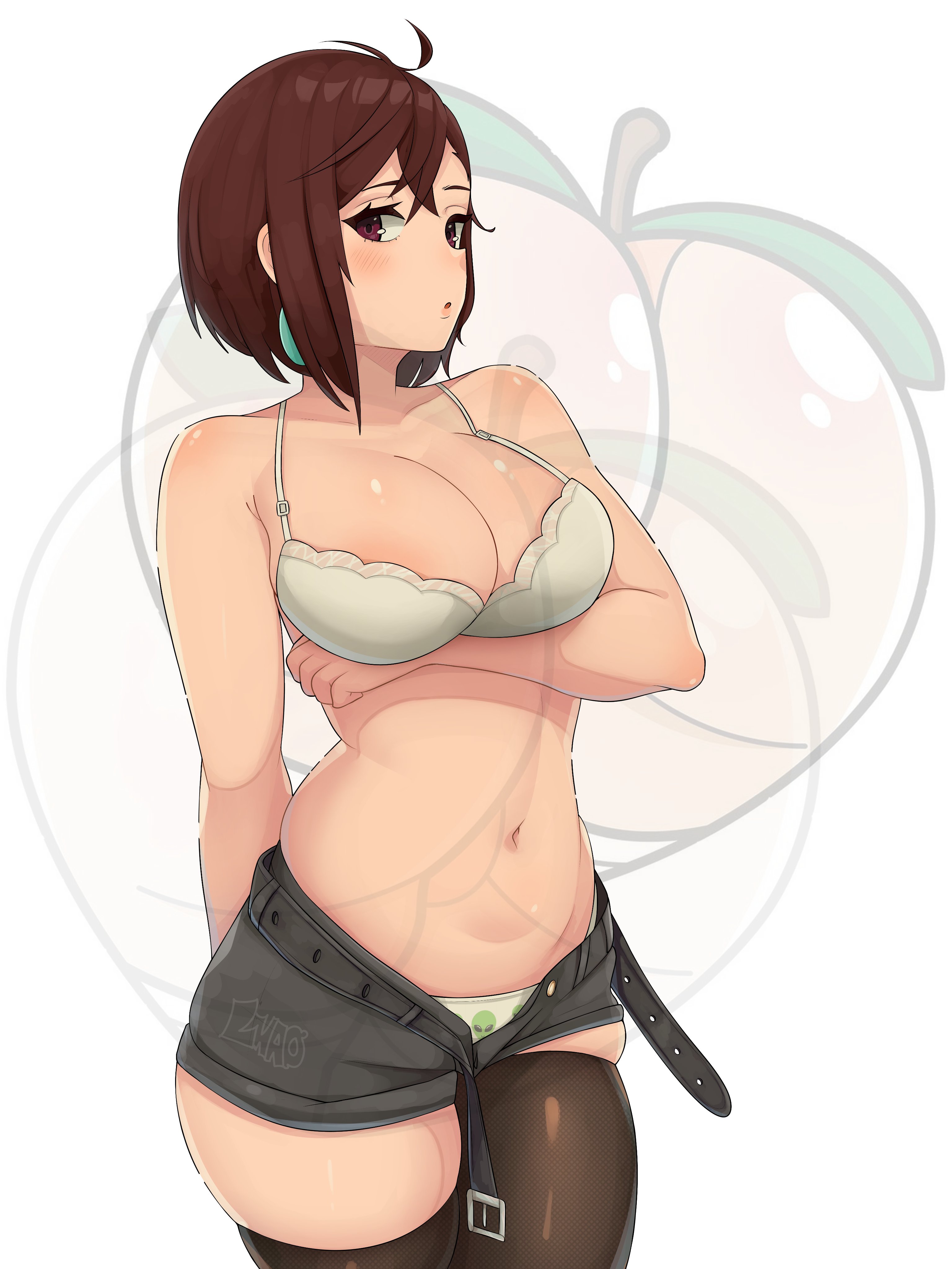 1girls, ayase momo, big breasts, big thighs, big titties, breasts, brown hair, brown-haired female, curvaceous, curvaceous female, curvaceous figure, curvy, curvy figure, curvy hips, dandadan, female, female focus, female only, front view, looking at viewer, misterlmaoo, short hair, thighhighs, underwear