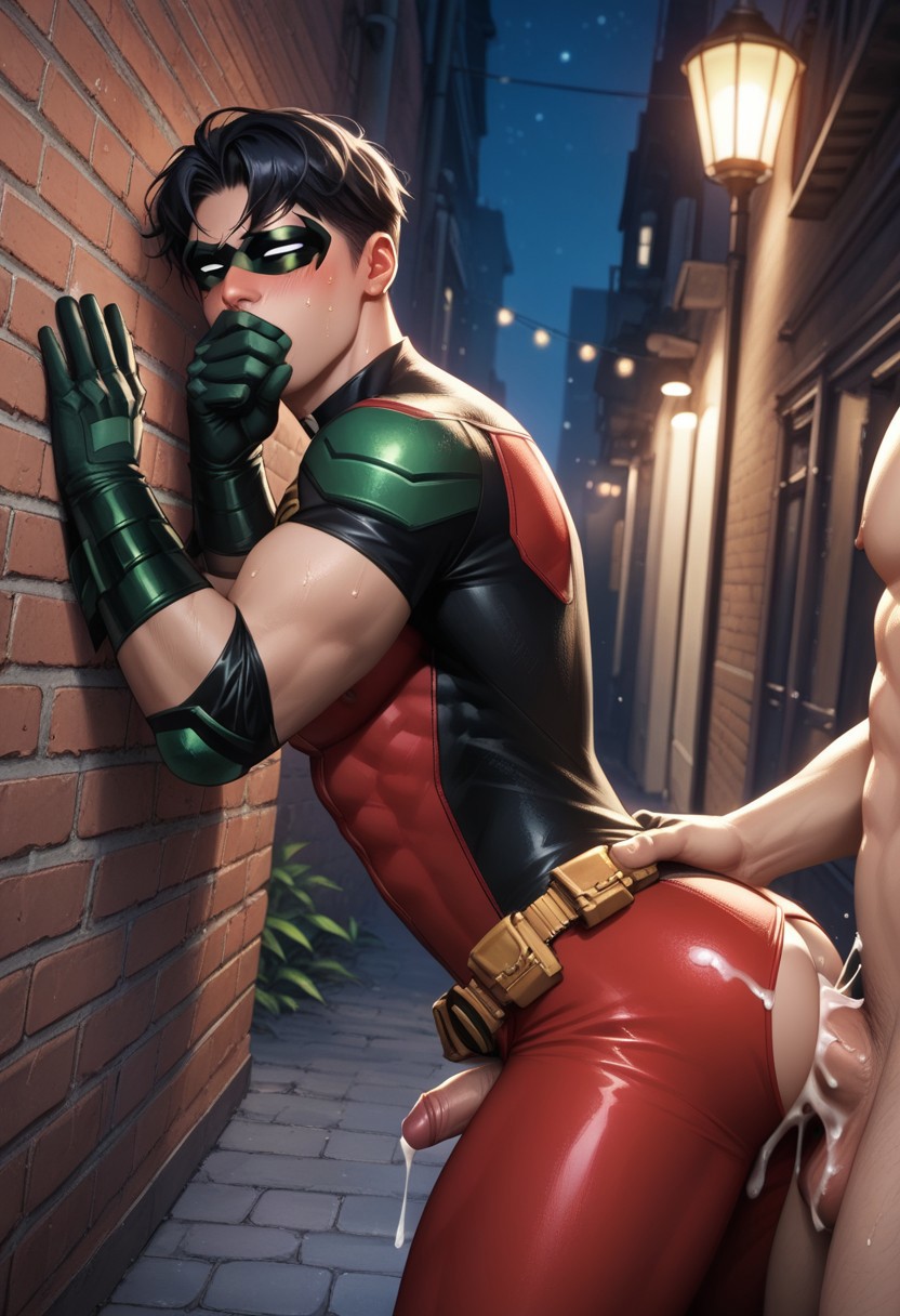 2boys, against wall, ai generated, anal sex, batman (series), dc, dc comics, gay, male, male only, robin (dc), robin (tim drake), superherosuckerrr, tim drake