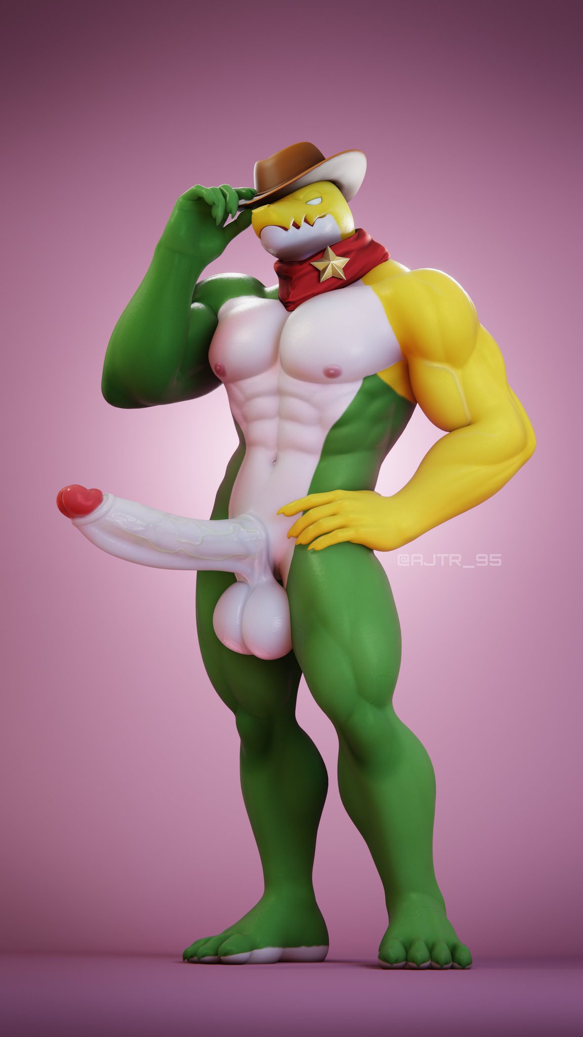 abs aj_racer95 anthro balls biceps clothing cowboy_hat genitals glitch_productions gummigoo_(tadc) gummigoo_(the_amazing_digital_circus) hat headgear headwear hi_res male male_only muscular muscular_male nipples obliques pecs solo the_amazing_digital_circus triceps