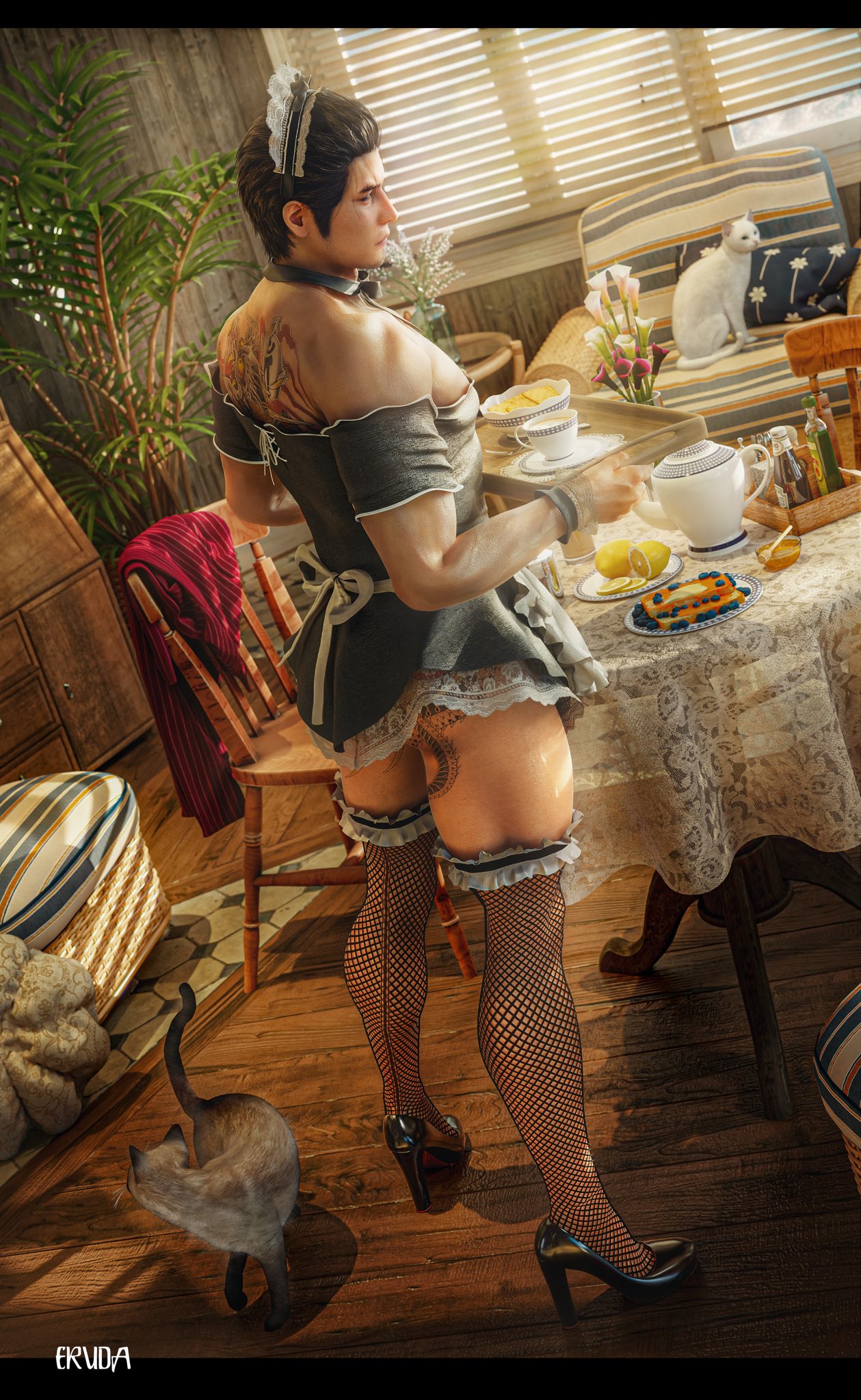 big_pecs cuffs_(clothing) facial_hair fishnets kiryu_kazuma like_a_dragon_(series) maid_dress maid_headdress maid_outfit maid_uniform male male_only muscular muscular_male muscular_thighs pecs rgg_studio ryuu_ga_gotoku stockings tattoo_on_back tattoo_on_butt tattoo_on_thigh thigh_highs yakuza_(series)