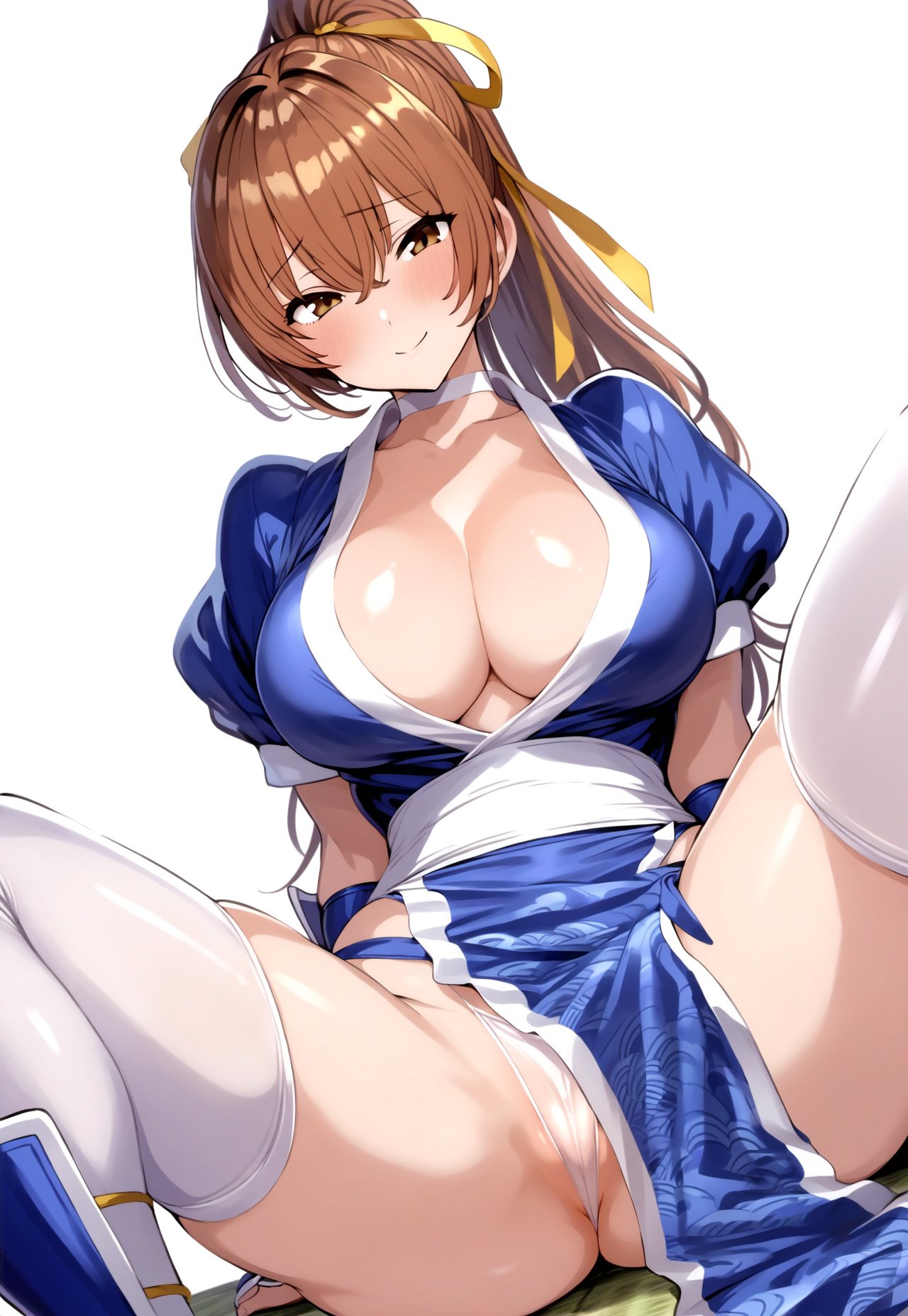 ai_generated arm_guards bangs blush breasts brown_eyes brown_hair cameltoe choker cleavage closed_mouth clothing dead_or_alive deko female female footwear hair_between_eyes hair_ornament hair_ribbon kasumi_(doa) large_breasts legwear long_hair looking_at_viewer pantsu partially_visible_vulva pelvic_curtain ponytail puffy_short_sleeves puffy_sleeves ribbon sash short_sleeves sitting smile solo spread_legs thighhighs thighs tied_hair traditional_clothes underwear wafuku white_legwear white_panties white_thighhighs yellow_ribbon