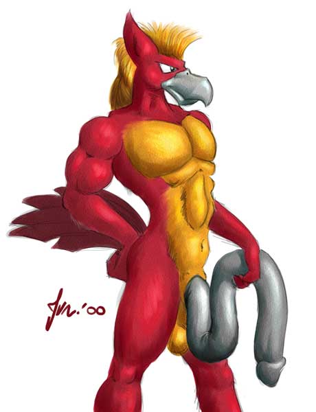 2000 abs anthro avian balls beak biceps big_penis blonde_hair feathers flaccid genitals grey_beak grey_penis gryphon hair hand_on_hip hand_on_own_hip holding_own_penis huge_cock humanoid_genitalia humanoid_penis hyper hyper_genitalia hyper_penis jervillian long_penis male muscular muscular_anthro muscular_male mythological_avian mythological_creature mythology navel nude pecs penis portrait red_body red_feathers shaded simple_background solo standing tail tail_feathers three-quarter_portrait traditional_media_(artwork) white_background yellow_body yellow_feathers