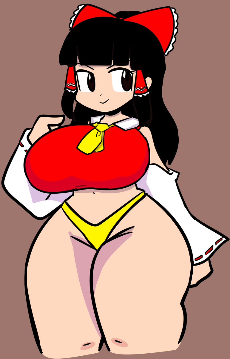 big_ass big_breasts big_thighs black_hair breasts looking_away navel p-con panties red_ribbon reimu_hakurei smile spurhuns touhou yellow_panties