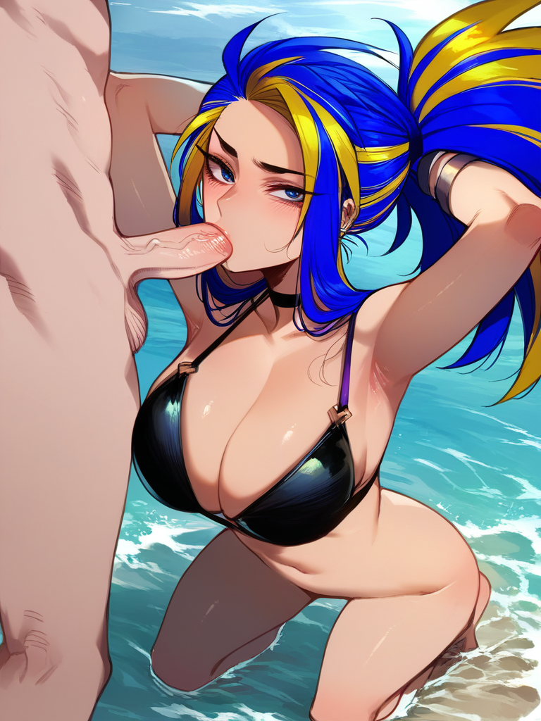 1boy ai_generated akali beach bikini blue_eyes blue_hair fellatio female hands_behind_head league_of_legends looking_at_viewer male multicolored_hair oral penis ratatatat74_(ai_style) yellow_hair