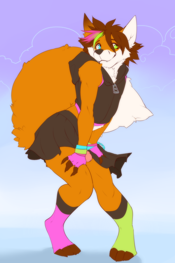 2012 :3 anthro big_tail bottomwear canid canine clothing digital_media_(artwork) femboy footwear fox genitals hair heterochromia hoodie humanoid_genitalia humanoid_penis icefoxx male mammal multicolored_hair patto penis penis_under_skirt shirt short_hair skirt socks solo tail tank_top topwear unavailable_at_source zipper