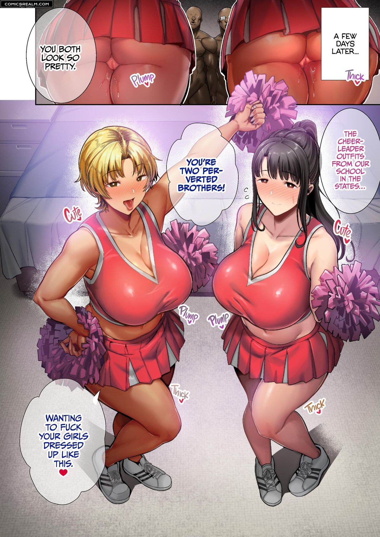 2girls ass black_hair blonde_hair breasts cheerleader cleavage heart highres kurosu_gatari large_breasts looking_at_viewer miniskirt multiple_girls no_panties pom_pom_(cheerleading) pussy pussy_juice skirt standing