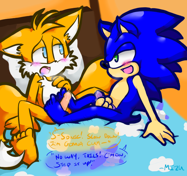 bed beige_skin blue_fur blush color cyan_eyes eyes foot footjob fox fur furry furry_tail green_eyes handjob hedgehog indoors interspecies male male_only multiple_males multiple_tails nudity orange_fur skin sonic_(series) sonic_the_hedgehog_(series) sonic_the_hedgehog_2 tail tails white_fur yaoi