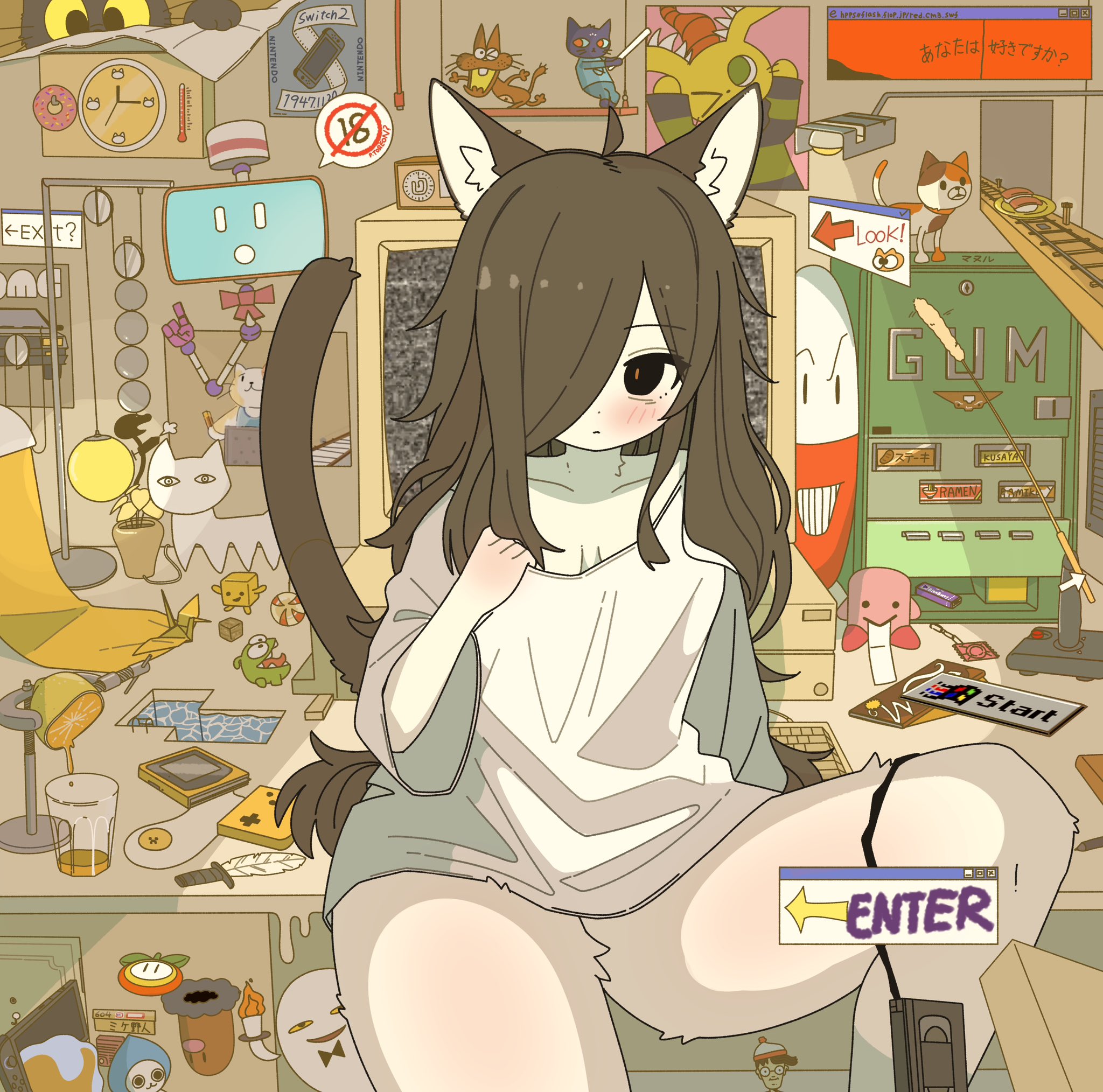 2d, anthro, blush, blush lines, clock, console, cut the rope, diglett, donut, doremifaso64, doughnut, electrode (pokemon), felid, feline, felis, female, female focus, female only, fire flower, fur, furry, generation 1 pokemon, kirby, kirby (series), looking at viewer, mae borowski, mario (series), monita (nintendo land), night in the woods, nintendo, nintendo land, nintendo switch, nintendo switch 2, om nom, pokemon (species), robot, robot female, screen face, solo, solo anthro, solo female, solo focus, waldo (where's waldo?), where's waldo, white body, white fur, yagi the goat