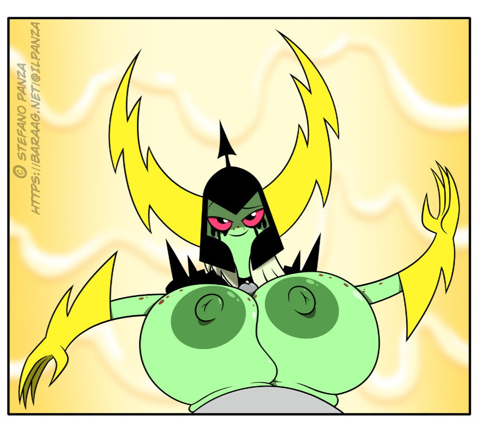 alien alien_girl anon areolae background big_breasts breasts breasts_squeezed_together crown disney faceless_male female female_focus freckles green_skin huge_breasts ilpanza looking_at_viewer lord_dominator male male/female nipples paizuri red_eyes runny_makeup wander_over_yonder