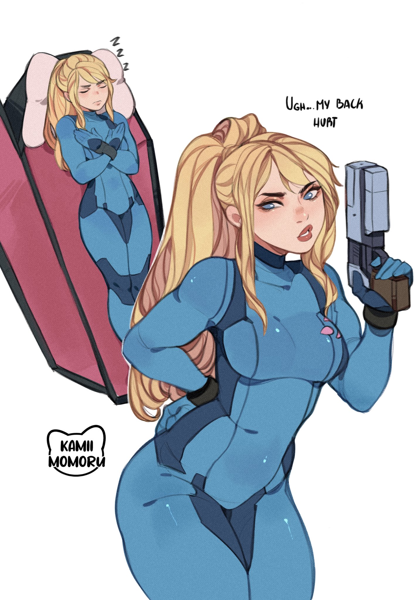 1girls, artist logo, blonde hair, blue eyes, female, female only, gun, kamii momoru, metroid, samus aran, simple background, sleeping, solo, tagme, white background, zero suit, zero suit samus, zzz