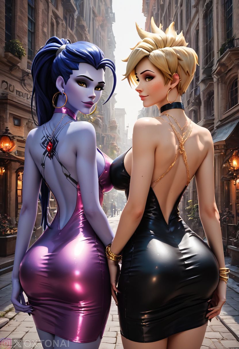 1girls ai_generated amelie_lacroix big_breasts breasts latex latex_dress lena_oxton looking_at_viewer looking_back overwatch overwatch_2 oxtonai short_hair tracer widowmaker