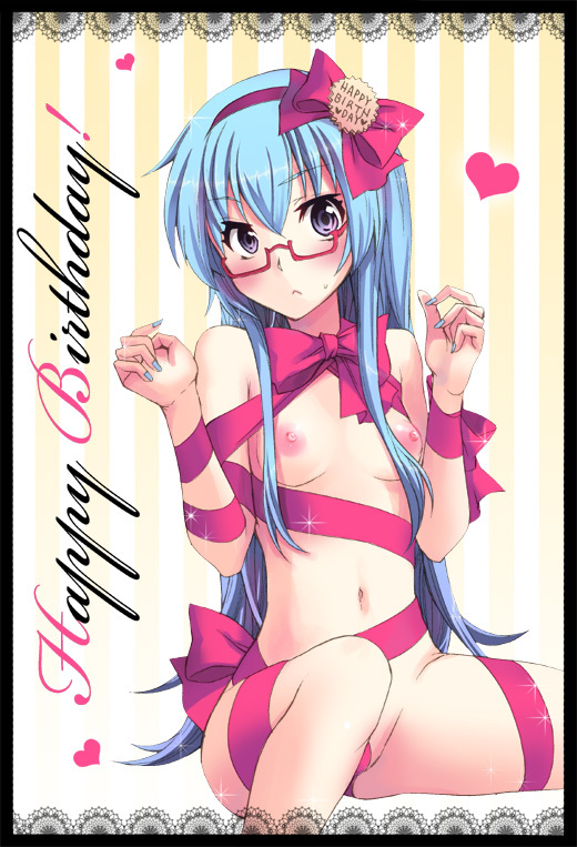 blue blue_hair breasts eye_contact gift glasses happy_birthday heart present psyren purple_eyes sakurako_amamiya small_breasts