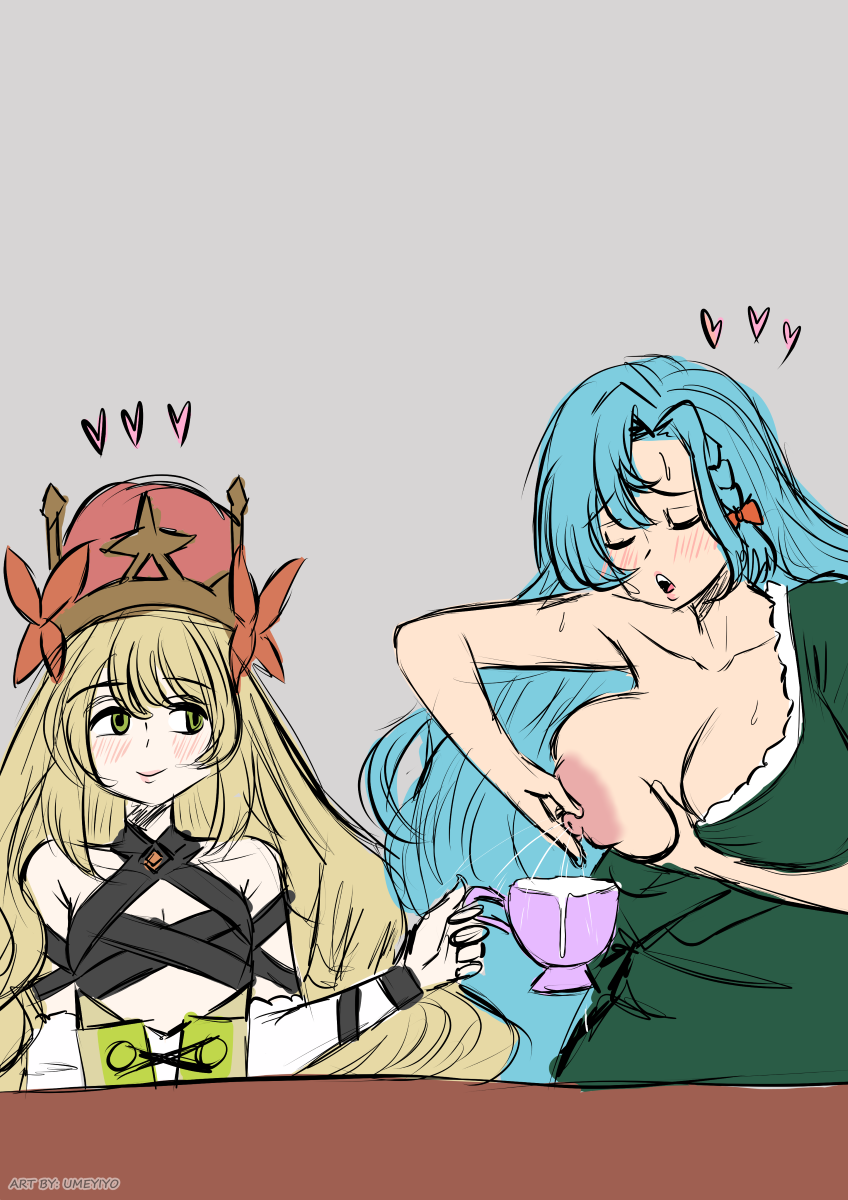 2girls alternate_costume blonde_hair blue_hair blush braid breasts breasts_out celine_(fire_emblem) chloe_(fire_emblem) closed_eyes crown dress female female_only fire_emblem fire_emblem_engage food_play green_eyes lactation large_breasts long_hair looking_pleasured milk more_at_source multiple_girls nintendo nipples one_breast_out open_mouth small_breasts smile tea teacup umeyiyo very_long_hair yellow_hair yuri