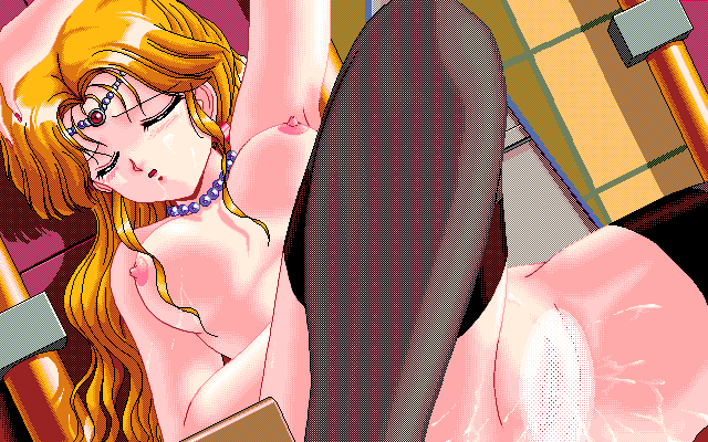 arm_up black_thighhighs blonde_hair breasts censored circlet closed_eyes eileen_(mirage) female game_cg huge_breasts large_breasts long_hair mirage_2_(discovery) nipples pc-98_(style) pearl_choker pixel_art pussy shikato_miyo solo spread_legs thighhighs