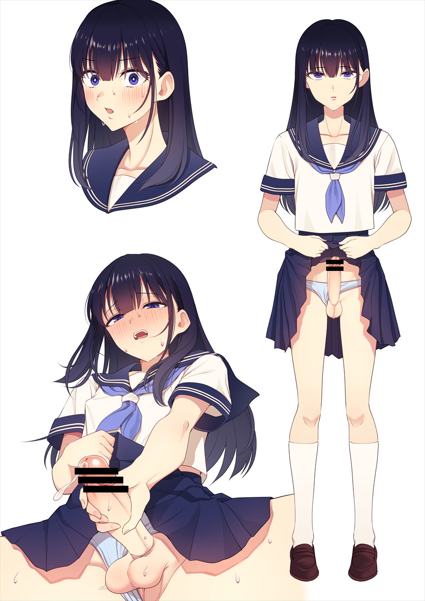 1boy bar_censor black_hair blue_eyes blue_neckerchief blue_panties blue_sailor_collar blue_skirt blush brown_footwear censored clothes_lift clothing_aside collarbone crossdressing erection heart heartbeat highres hokuro_ryuuseigun kneehighs lifting_own_clothes loafers long_hair looking_at_viewer male_focus male_masturbation masturbation neckerchief open_mouth original otoko_no_ko panties panties_aside penis pleated_skirt precum reverse_grip sailor_collar school_uniform serafuku shirt shoes short_sleeves simple_background skirt skirt_lift socks sound_effects standing sweat testicles textless_version underwear white_background white_shirt white_socks