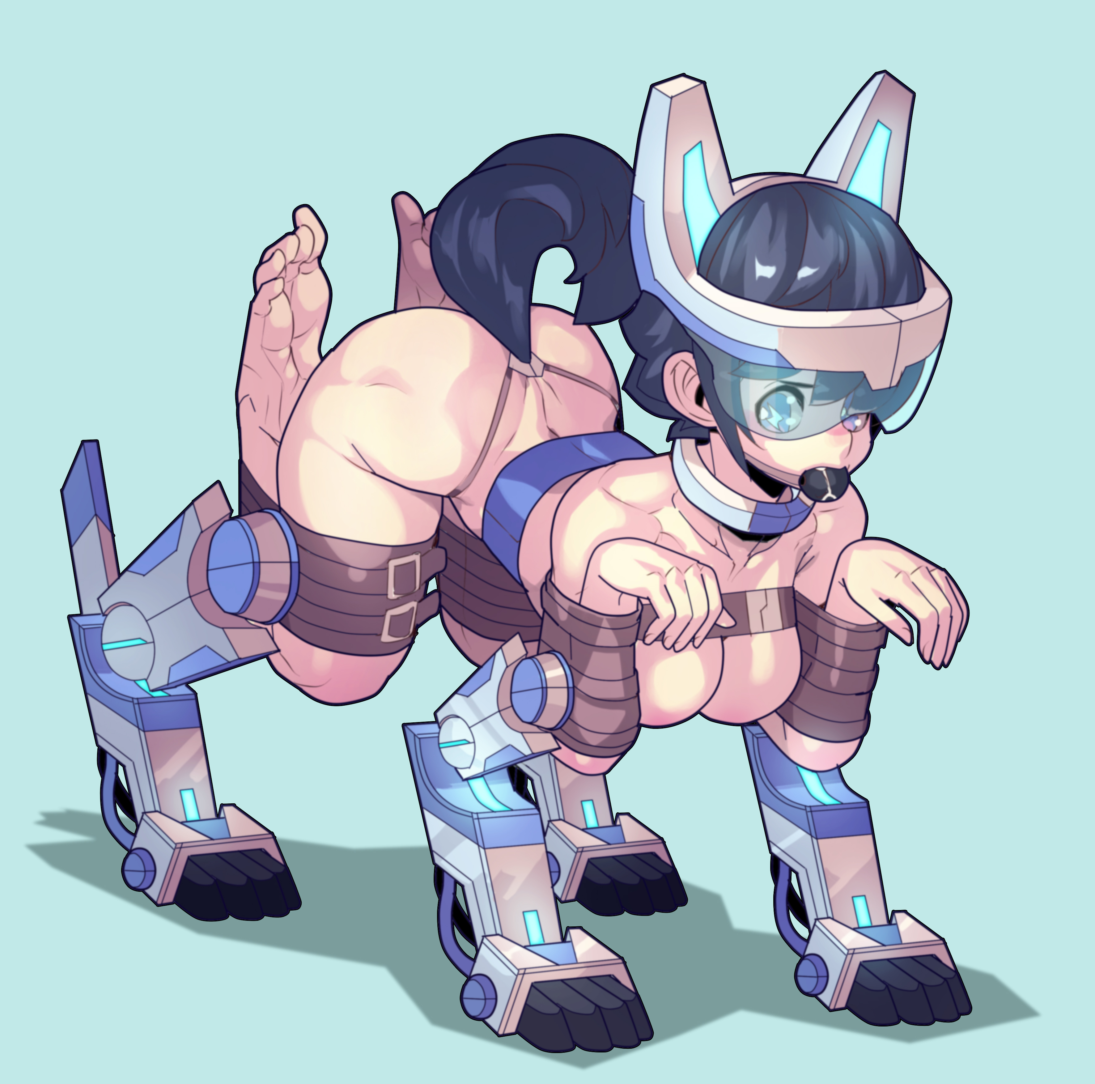 all fours, ball gag, bitchsuit, bitchsuit extensions, black hair, bondage, bound, drool, drooling, female, female only, femsub, fengmo, gag, mecha bondage, mechanical fixation, mechanical limbs, petplay, riding, shiny hair, tagme, visor