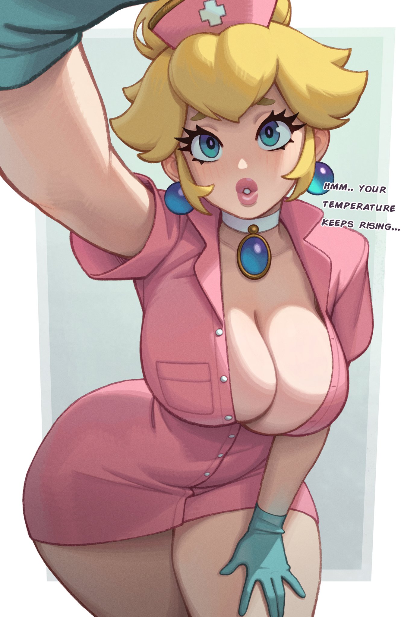 ..., 1female, 1girls, alternate costume, ass, big ass, big breasts, blonde female, blonde hair, blonde hair female, blue eyes, blue jewelry, blush, blush lines, breast focus, breasts, dialogue, dr. mario (series), earrings, ears, english text, eyelashes, female, female focus, female only, gloves, hand on thigh, legs together, looking at viewer, mario (series), medical, necklace, nintendo, no bra, nurse, nurse peach, nurse uniform, open mouth, partially unbuttoned, pink outfit, ponytail, princess peach, repost, rizdraws, simple background, solo, solo female, solo focus, super mario bros., text, thick ass, thick thighs