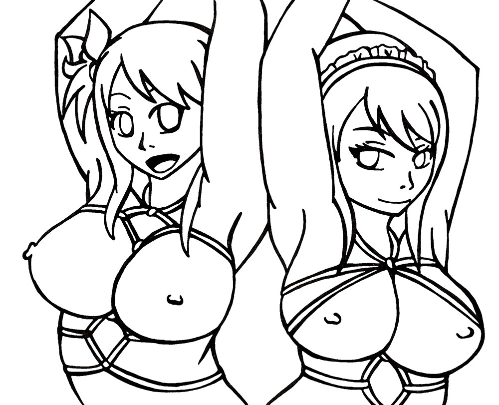 2girls bondage fairy_tail female female_only human incest kyrios375 large_breasts layla_heartfilia line_art lucy_heartfilia monochrome mother_and_daughter multiple_females nipples upper_body