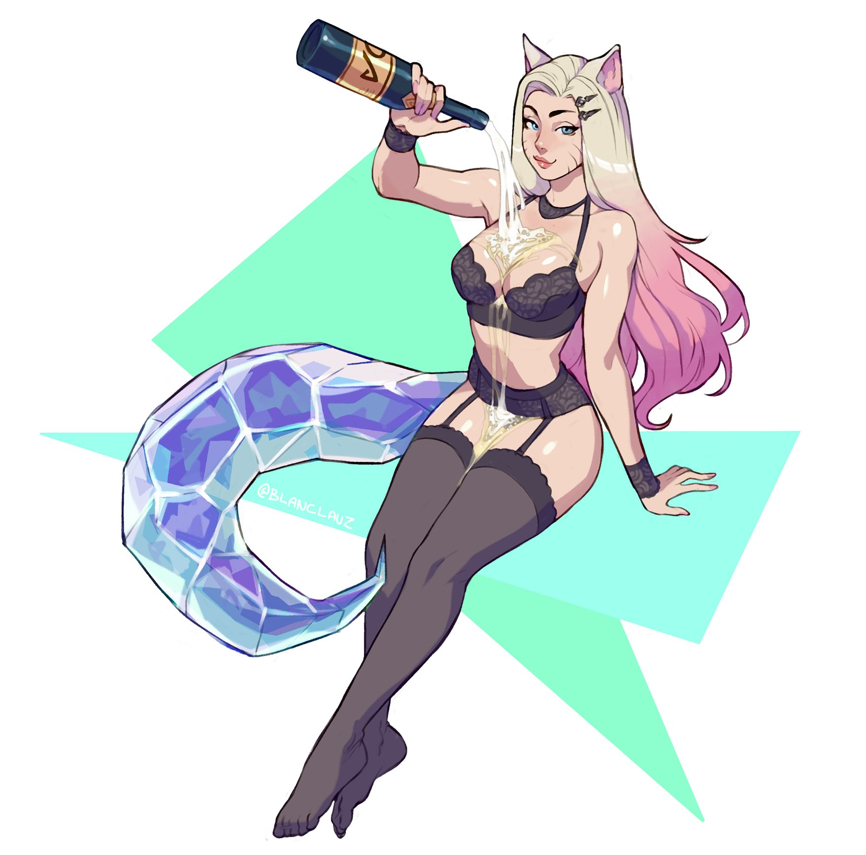 1girls, 2020, ahri, alcohol, alternate costume, blanclauz, bottle, breasts, champagne, cleavage, curvy, female, female only, garter belt, garter straps, hourglass figure, k/da ahri, k/da series, large breasts, league of legends, legs, legwear, light skin, light-skinned female, lingerie, long hair, looking at viewer, multicolored hair, riot games, simple background, solo, stockings, tail, thick thighs, thighhighs, thighs, wide hips
