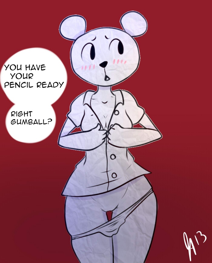 2013, bear, black eyes, blush, breasts, cartoon network, cleavage, clothed, clothing, eyelashes, female, gumball watterson, implied gumball watterson, looking back, mammal, offscreen character, open mouth, panties, pussy, shirt, simple background, somescrub, teri (tawog), text, the amazing world of gumball, underwear, undressing, wide hips