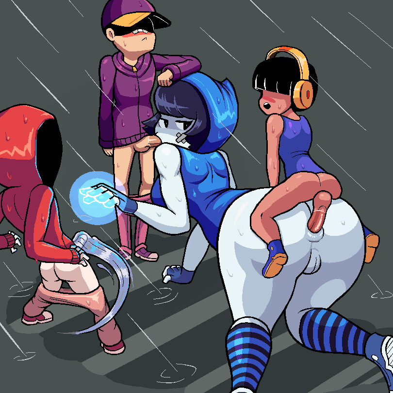 1girls 3boys all_fours anal anal_sex anus ass aura balls blush breasts cap clothed clothing condom female flood_warning_(valmar) foursome from_behind from_behind_position grey_skin headphones headset height_difference hood hooded_jacket huge_ass larger_female magic male oral oral_sex original penis personification pussy rain shorter_male size_difference smaller_male straight taller_girl testicles thick_thighs valmar wide_hips