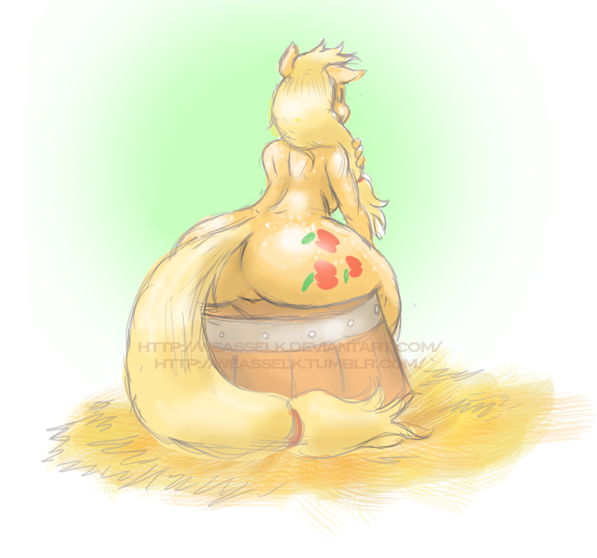 anthro applejack_(mlp) ass back_view earth_pony equine female female_only friendship_is_magic fur hasbro my_little_pony pony sitting solo straight_hair tail weasselk