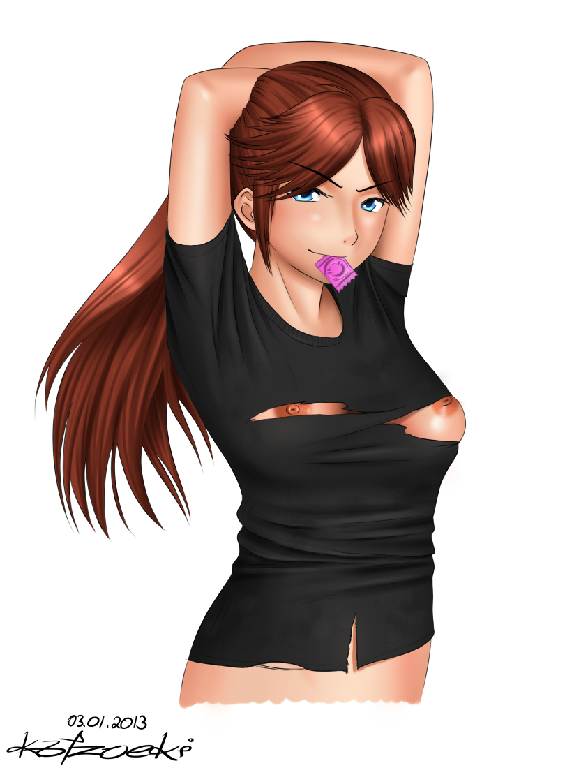 2013 arms_behind_head arms_up blue_eyes breasts claire_redfield condom condom_in_mouth female female_only human katzueki long_hair nipples ponytail red_hair resident_evil solo tied_hair torn_clothes