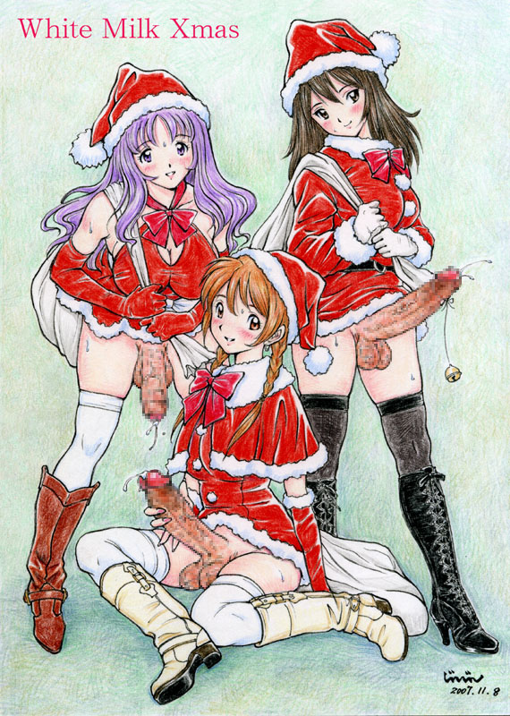 2007 bag balls bell blush boots braid breasts brown_eyes brown_hair censored christmas detached_sleeves elbow_gloves fingerless_gloves foreskin full_body futanari gloves high_heel_boots high_heels holding_penis intersex jinjin large_breasts long_hair long_nails looking_at_viewer medium_breasts no_panties orange_hair penis penis_ornament precum purple_eyes purple_hair ribbon santa_costume santa_hat smile sweat testicles thighhighs twin_braids veiny_penis