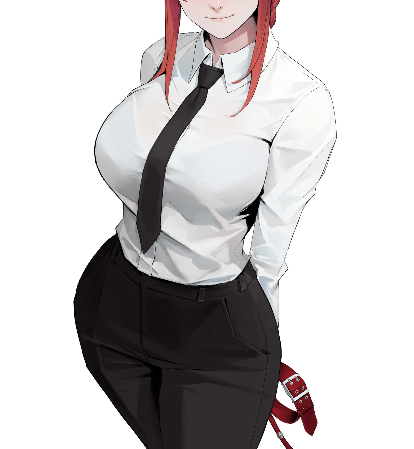 big breasts, big thighs, breasts, chainsaw man, eyes out of frame, female, female focus, female only, holding object, makima (chainsaw man), office lady, smiling at viewer, wanting cum, wanting sex, white background