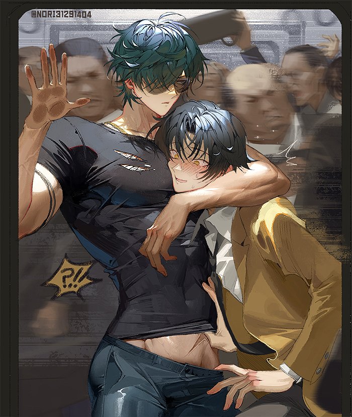 2boys abs_visible_through_clothing asaba_harumasa blush clothed crowded face_against_pecs glasses lighter_(zenless_zone_zero) male_only muscular_male nori31291404 pulling_down_pants scar tagme train yaoi zenless_zone_zero