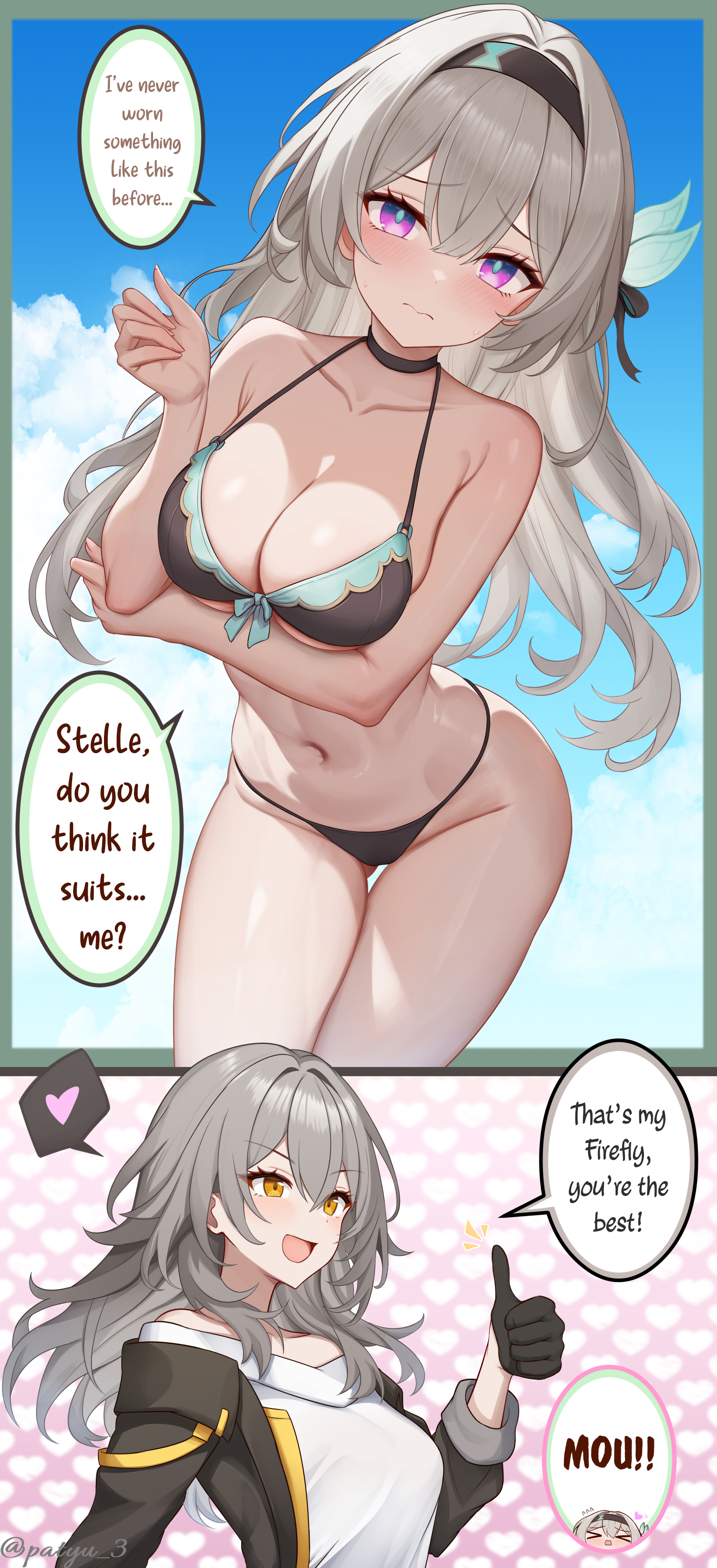 2girls, blush, breasts, chibi, cleavage, curvy, curvy female, curvy figure, embarrassed, english text, female, female only, firefly (honkai: star rail), happy, heart, honkai (series), honkai: star rail, lesbian, lesbian focus, mihoyo, stelle (honkai: star rail), text bubble, thumbs up, trailblazer (honkai: star rail), yuri