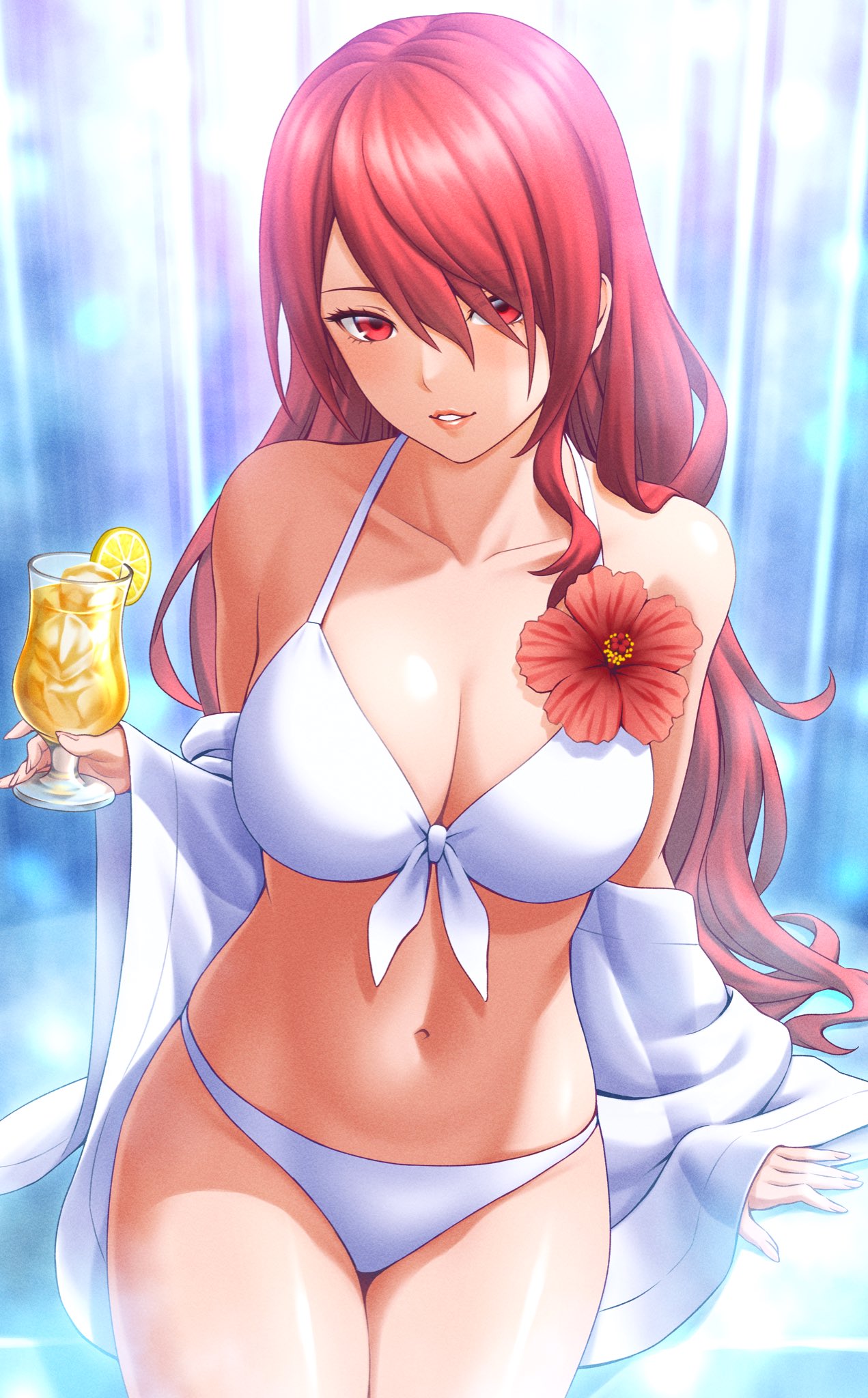 atlus, breasts, female, female only, looking at viewer, masatoshi 1219, mitsuru kirijo, mitsuru kirijo (swimsuit), navel, persona, persona 3, red eyes, red hair, solo, swimsuit