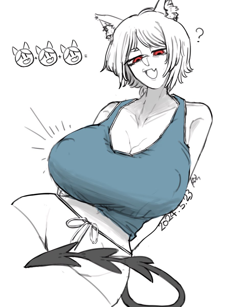 arms_at_sides ayatakazumu big_breasts blue_tank_top breasts breasts_bigger_than_head cerberus_(helltaker) cleavage collarbone dated demon_tail dog_ears ear_tuft half-closed_eyes helltaker huge_breasts large_breasts navel nipple_bulge open_mouth question_mark red_eyes shirt short_hair shorts simple_background skin_fang sleeveless_shirt tail tank_top white_background white_hair