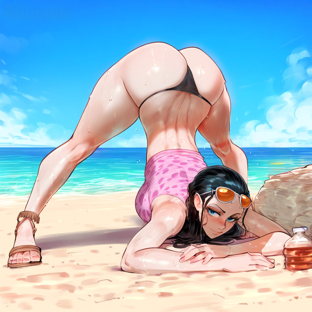 1girls ai_generated ass ass_up beach black_hair blue_eyes female female_only huge_ass jack-o_pose large_ass looking_at_viewer nico_robin ocean one_piece outdoors outside pink_clothing sand sandals solo solo_focus sunglasses_on_head sweat sweatdrop tank_top thong top-down_bottom-up yelua