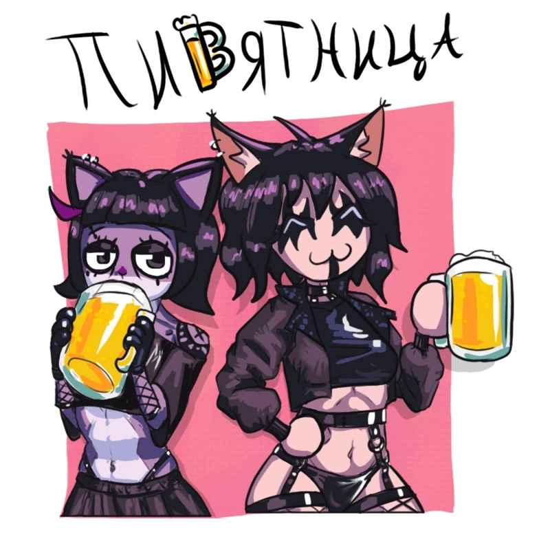 2girls beer bondage_outfit character_request choker collar goth goth_girl harness hypermorphism_(artist) meme neko panties tagme_(character)