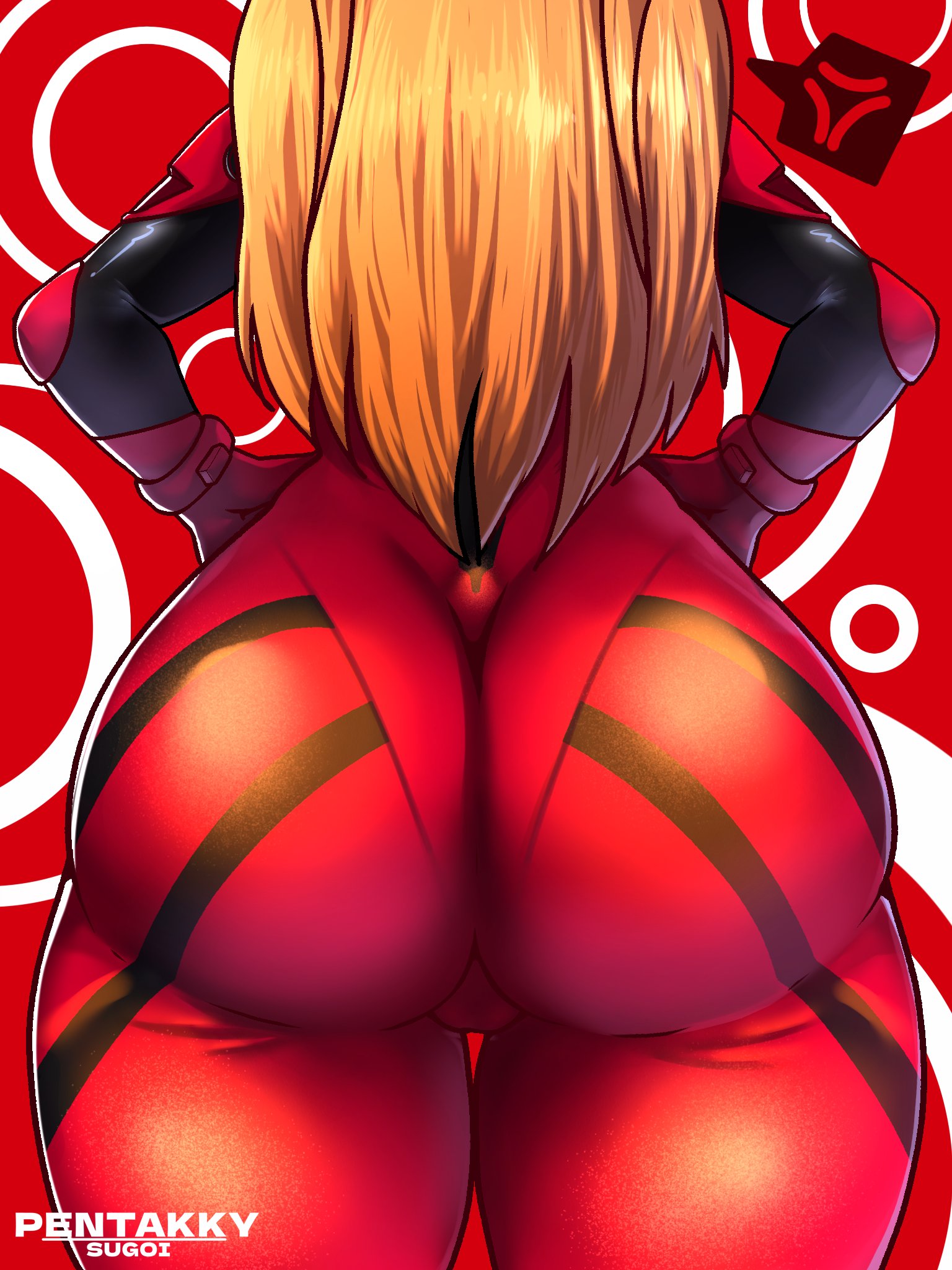 1girls, anger vein, angry, annoyed, ass, ass focus, asuka langley sohryu, behind view, big ass, big butt, bodysuit, bottom heavy, bubble ass, bubble butt, caked up, cameltoe, cheesecake, fat ass, female, female only, from behind, ginger, hands on hips, large ass, light skin, light-skinned female, long hair, neon genesis evangelion, orange hair, pale skin, pale-skinned female, penpen (artist), plugsuit, pose, posing, pussy, red bodysuit, red clothing, skin tight, solo, spoken anger vein, teenage female, teenager, thick thighs, wide hips