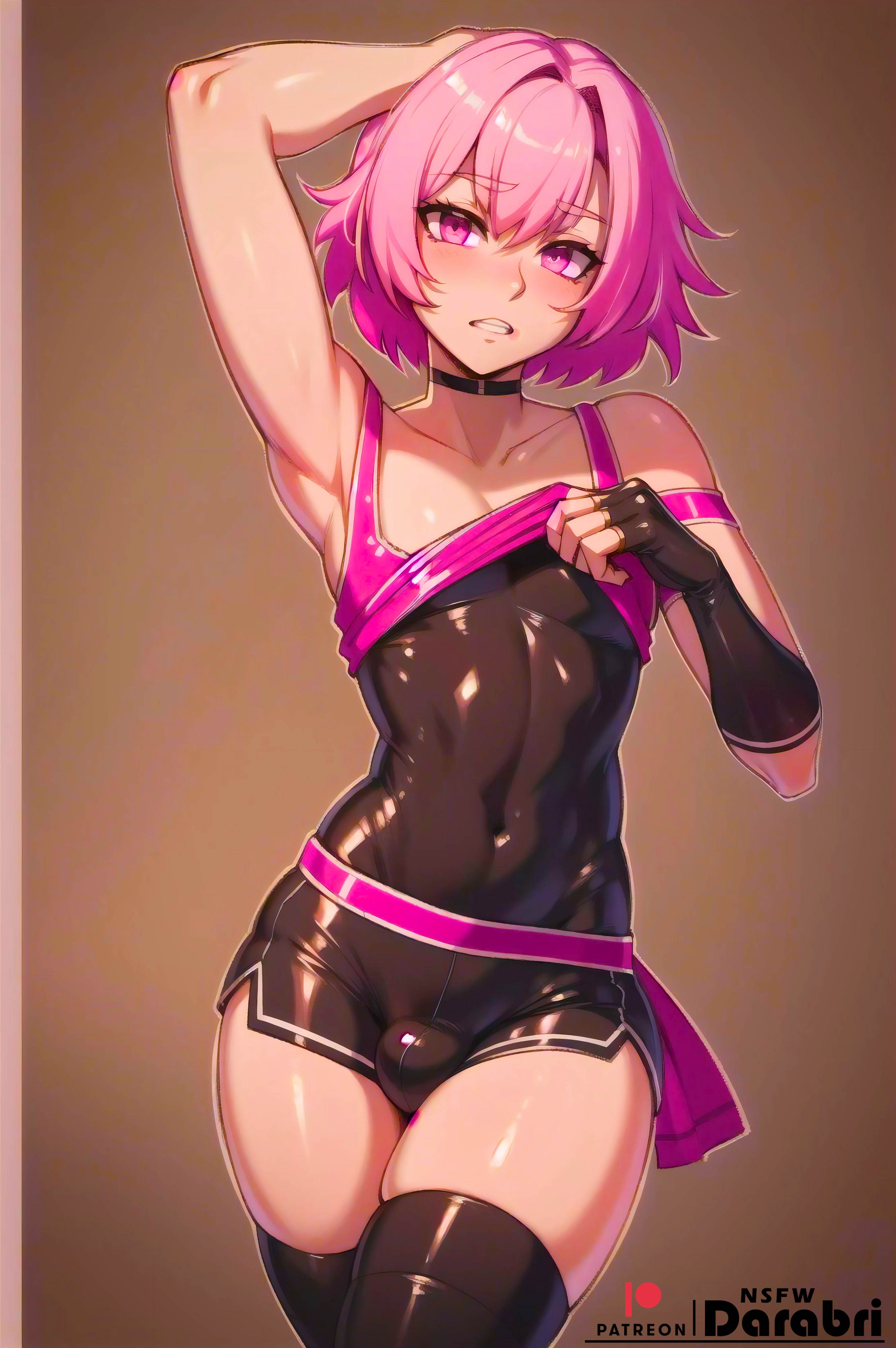 1boy, abstract background, ai generated, armpits, arms up, astolfo (fate), cute, darabri, fate (series), femboy, feminine male, girly, logo, male, male only, medium hair, midriff, otoko no ko, patreon, patreon logo, pink eyes, pink hair, shorts, thighs, tight fit, toned, trap, yaoi